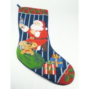 Christmas Needlepoint Stocking Santa Presents Toy Soldier Teddy Bear Blue Stripe